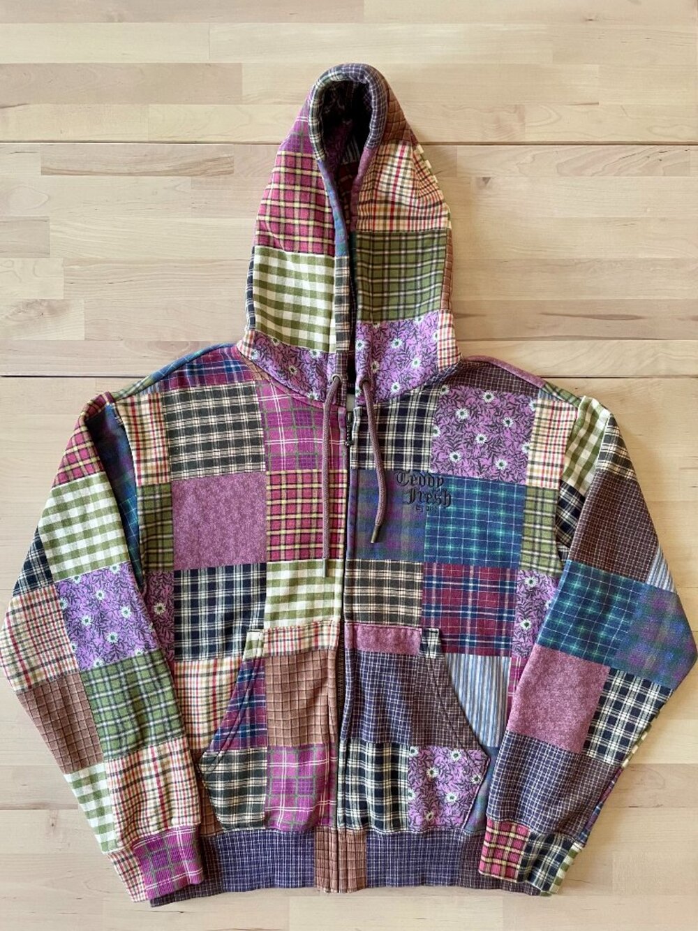 Teddy Fresh Unisex Plaid Patchwork Design Full Zip Hoodie Jacket size XS